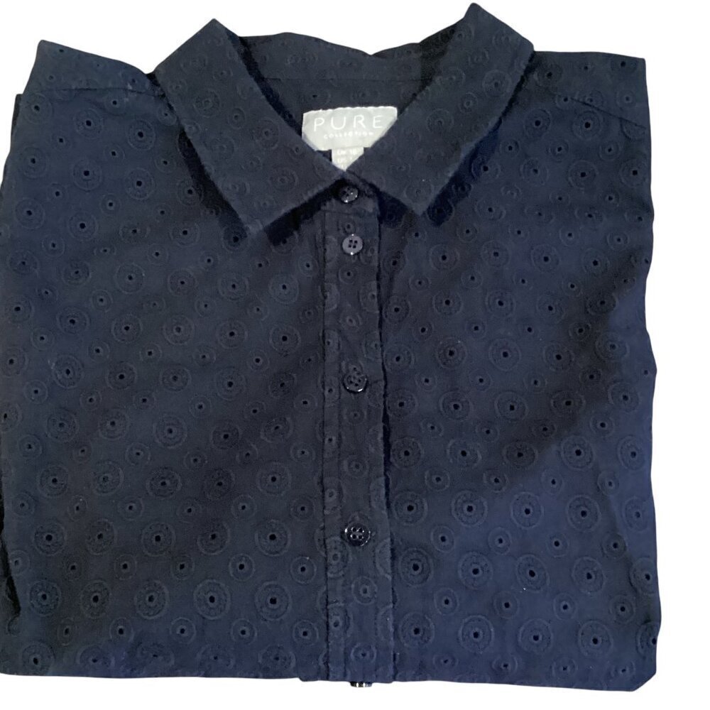PURE Collection Navy Blue Eyelet Button Up Top Sz 12 #21N